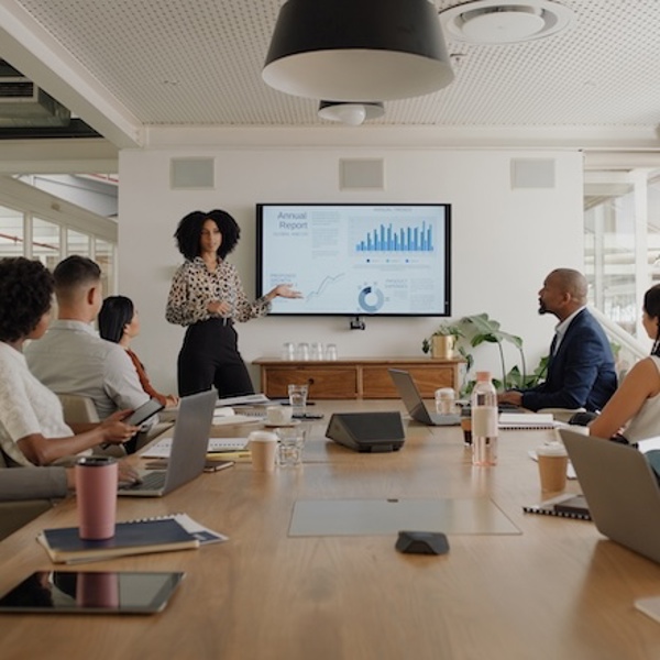 Sales Person talking through figures and strategy in a meeting. 
