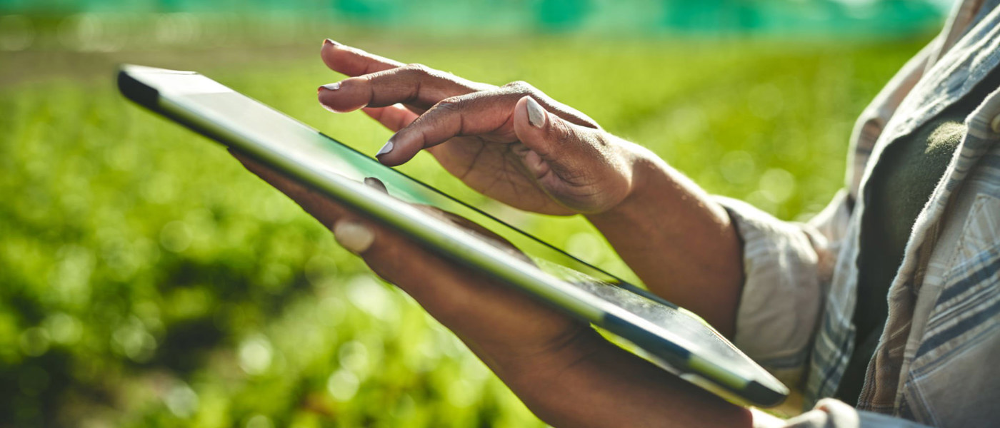 farmer typing on tablet in field
