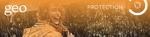 Banner Protection Smiling Women In Yellow Waterproofs Under An Umbrella In The Rain