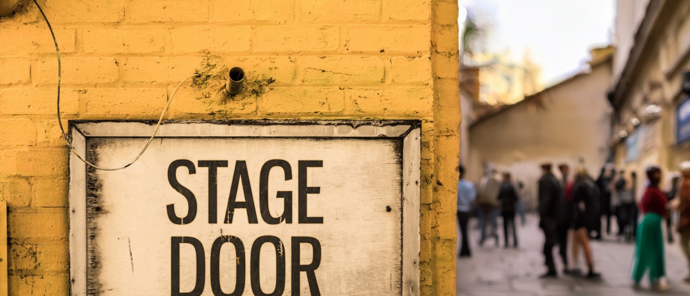 Close up of a yellow stage door sign on a brick wall